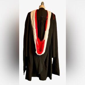 Black Graduation Gown with Red and White Velvet Masters Degree Hood